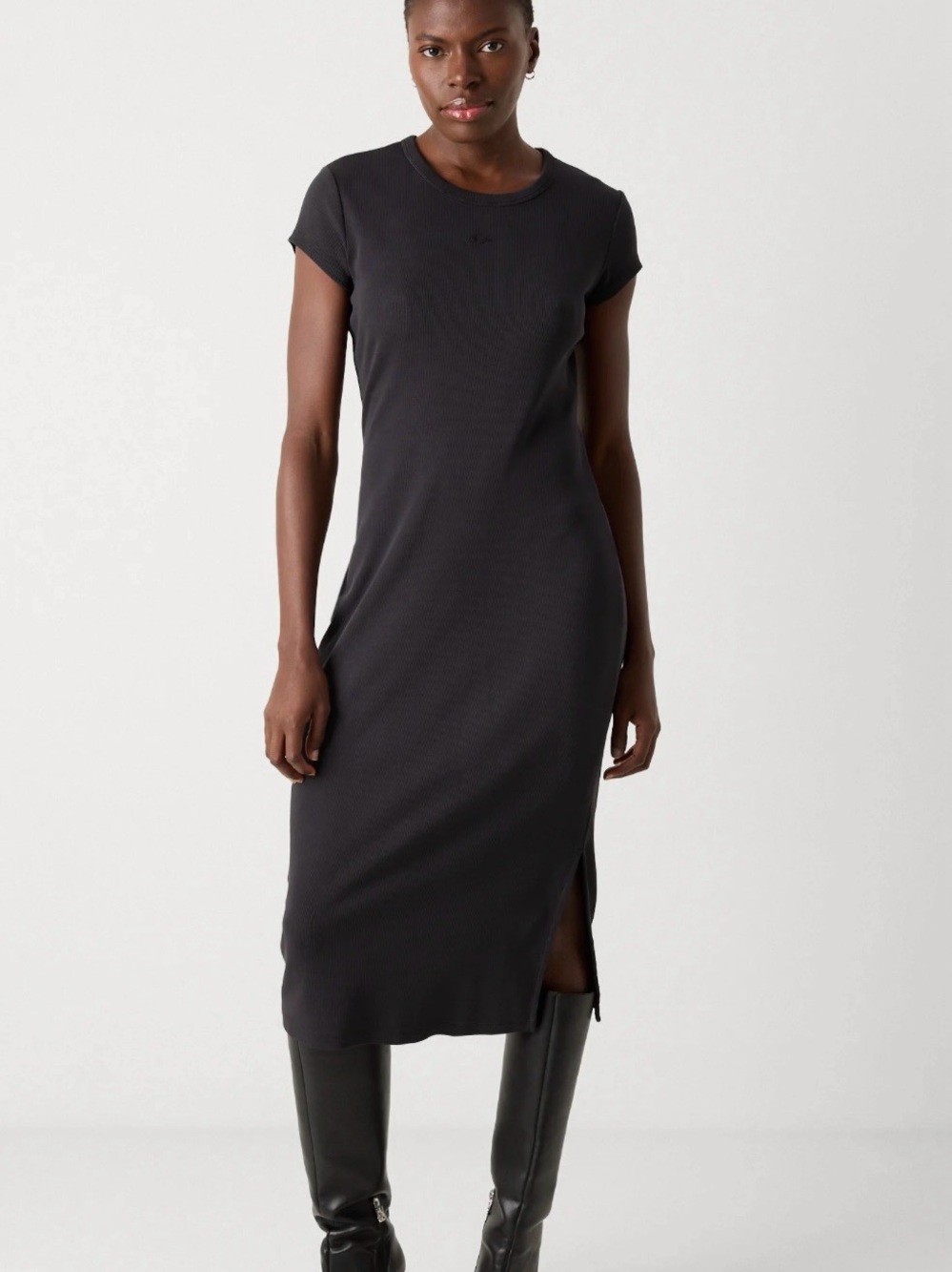 Boss Black Ribbed Short-Sleeve Midi Dress with Side Slit Sz XL